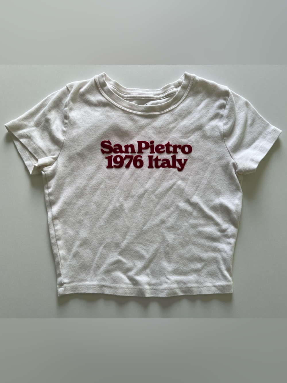 Hollister White Tee with Burgundy 'San Pietro 1976 Italy' Graphic